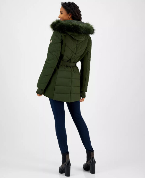 Women's Belted Bibbed Hooded Puffer Coat Olive - 2