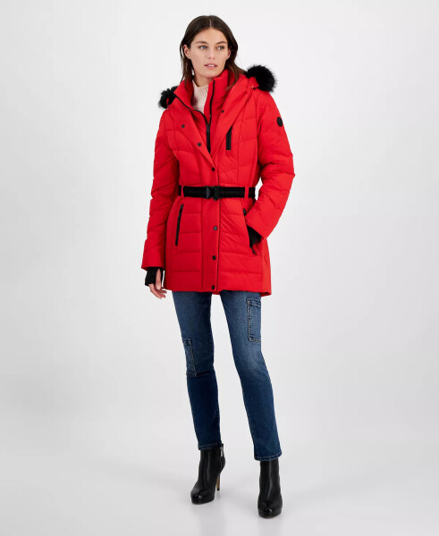 Women's Belted Bibbed Hooded Puffer Coat Red - 1