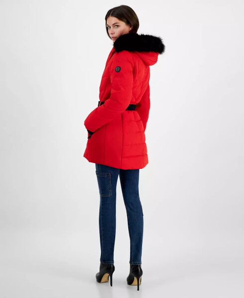 Women's Belted Bibbed Hooded Puffer Coat Red - 2