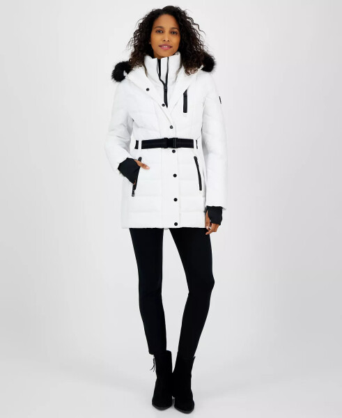 Women's Belted Bibbed Hooded Puffer Coat White - 1