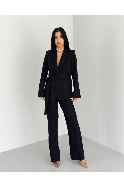 Women's Belted Blazer and Trousers Suit Black 