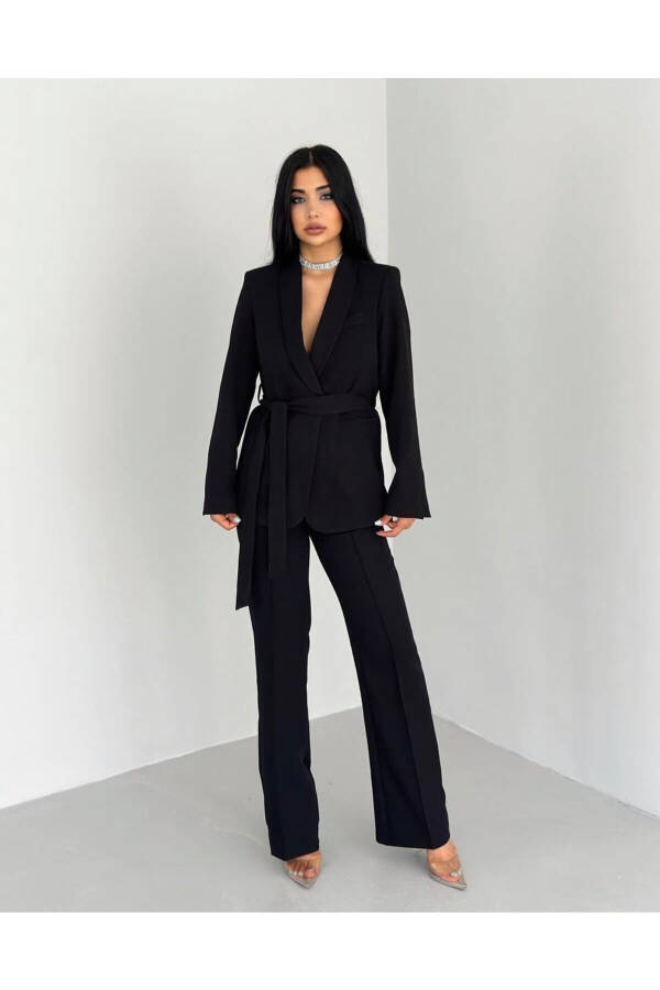 Women's Belted Blazer and Trousers Suit Black - 4