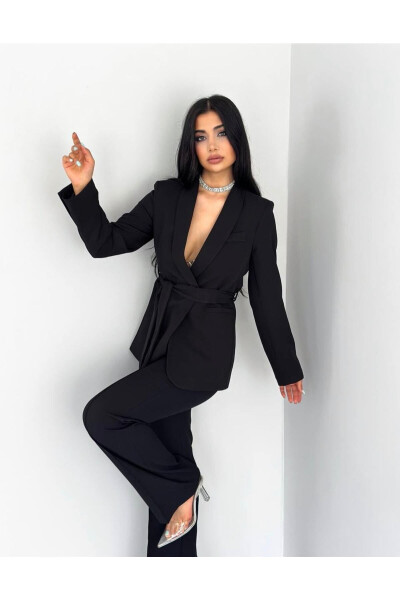 Women's Belted Blazer and Trousers Suit Black - 6