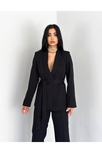 Women's Belted Blazer and Trousers Suit Black - 2