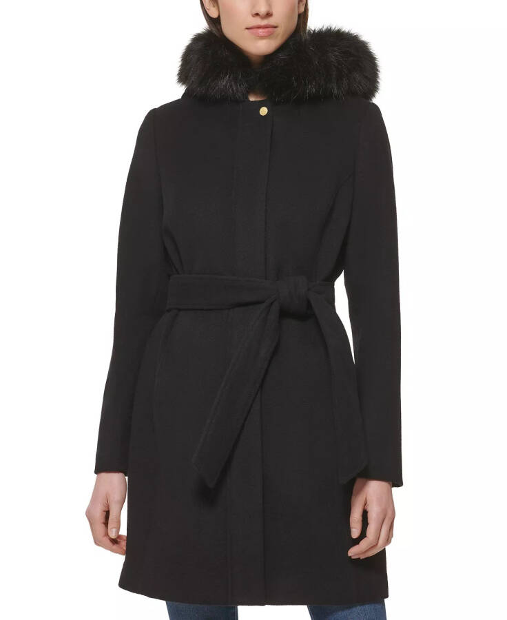 Women's Belted Faux-Fur-Trim Hooded Coat Black - 1