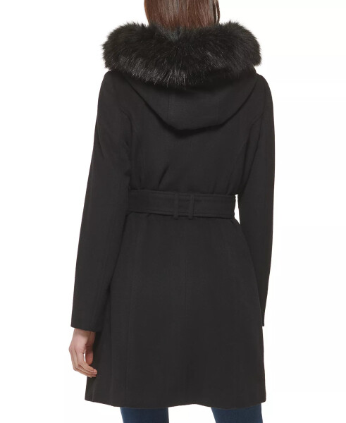 Women's Belted Faux-Fur-Trim Hooded Coat Black - 2