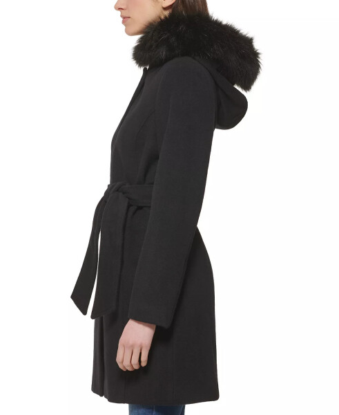 Women's Belted Faux-Fur-Trim Hooded Coat Black - 3