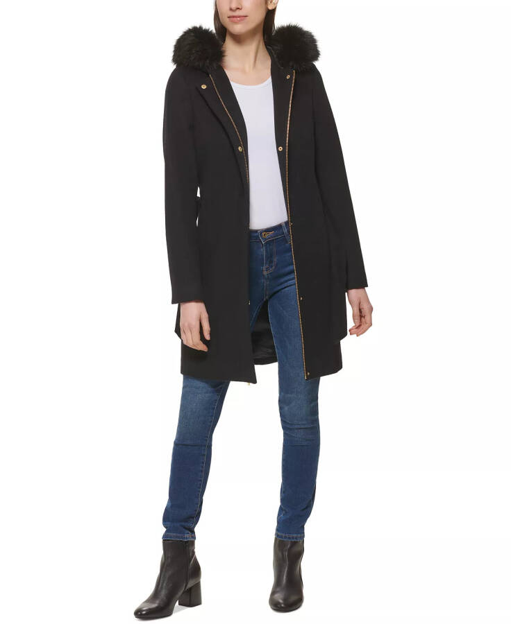 Women's Belted Faux-Fur-Trim Hooded Coat Black - 4