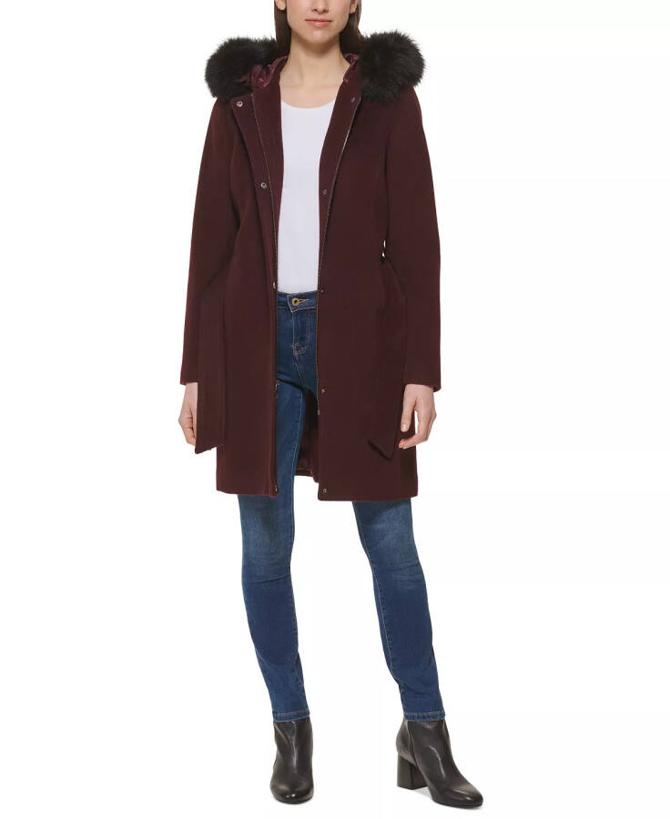 Women's Belted Faux-Fur-Trim Hooded Coat Bordeaux - 3