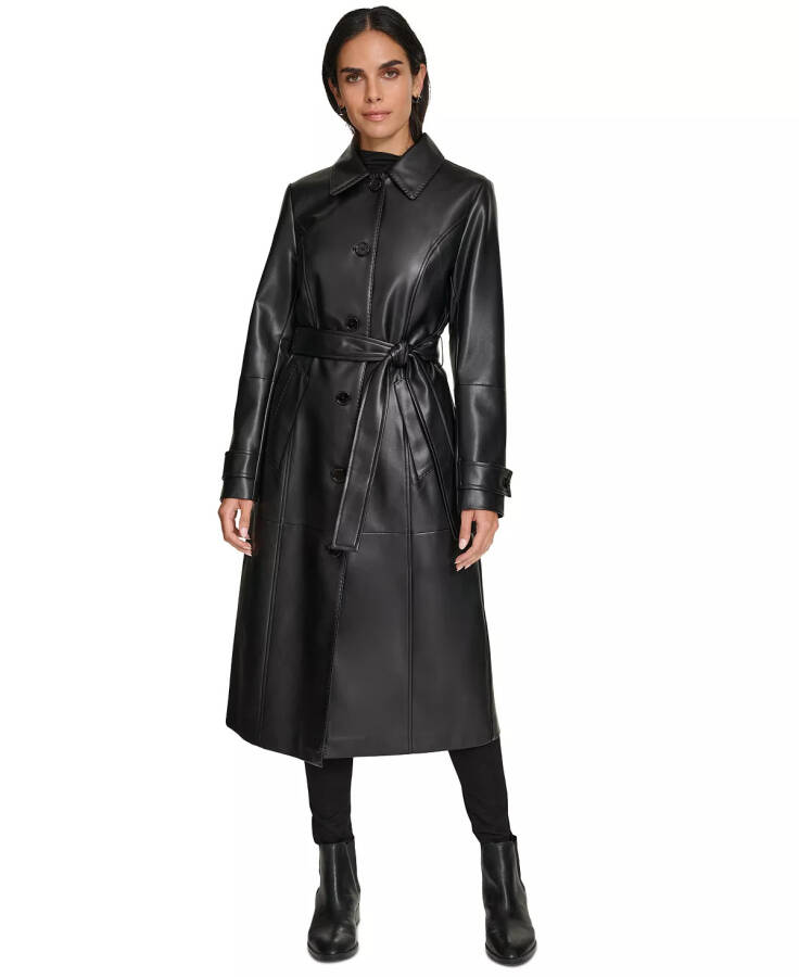 Women's Belted Faux-Leather Trench Coat Black - 1