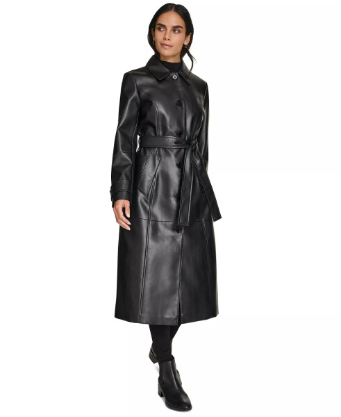 Women's Belted Faux-Leather Trench Coat Black - 4