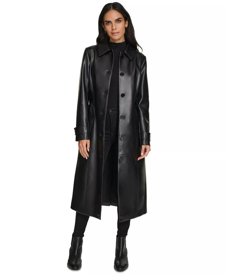 Women's Belted Faux-Leather Trench Coat Black - 5