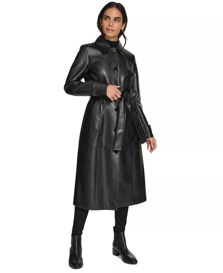 Women's Belted Faux-Leather Trench Coat Black - 6