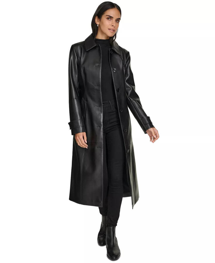 Women's Belted Faux-Leather Trench Coat Black - 7