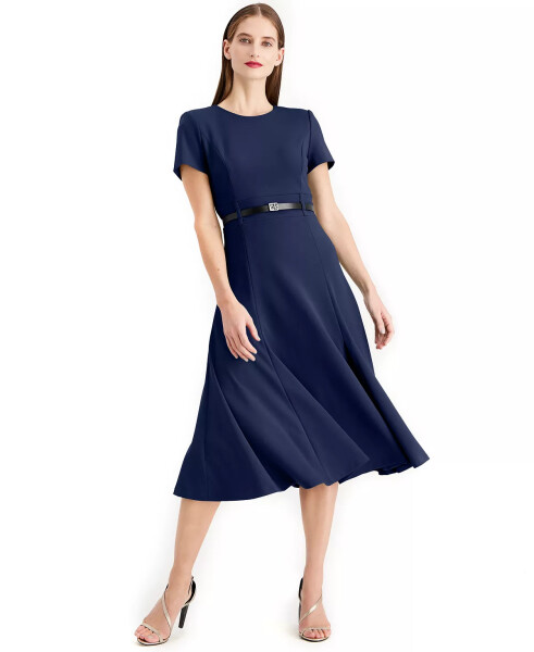 Women's Belted Fit & Flare Midi Dress Indigo - 8