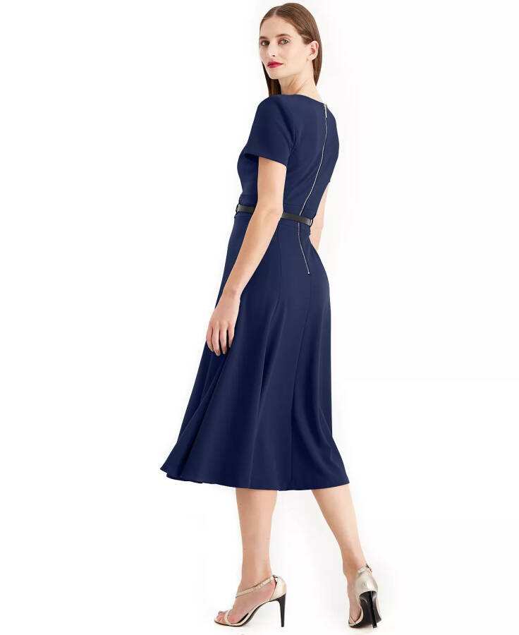 Women's Belted Fit & Flare Midi Dress Indigo - 9