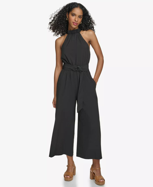 Women's Belted Halter-Neck Straight-Leg Jumpsuit Black - 1