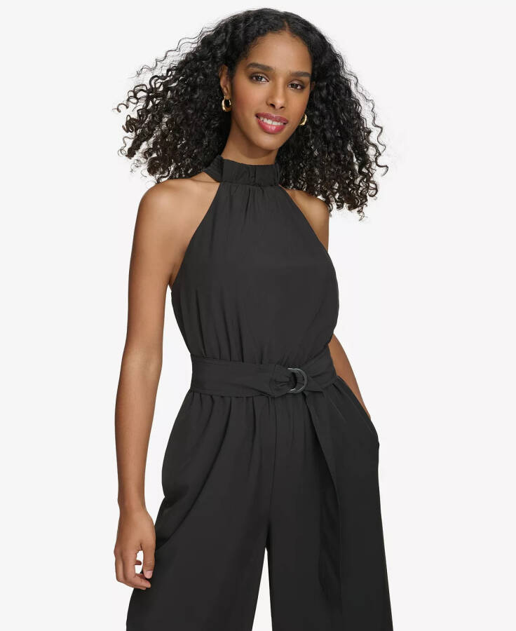 Women's Belted Halter-Neck Straight-Leg Jumpsuit Black - 4