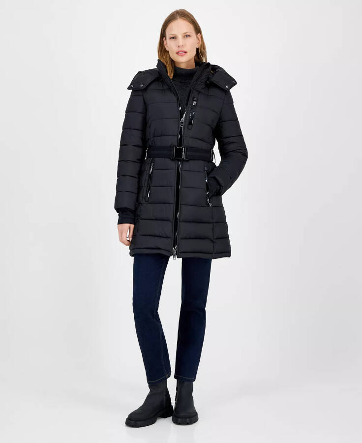 Women's Belted Hooded Puffer Coat, Created for Modazone Black - 1