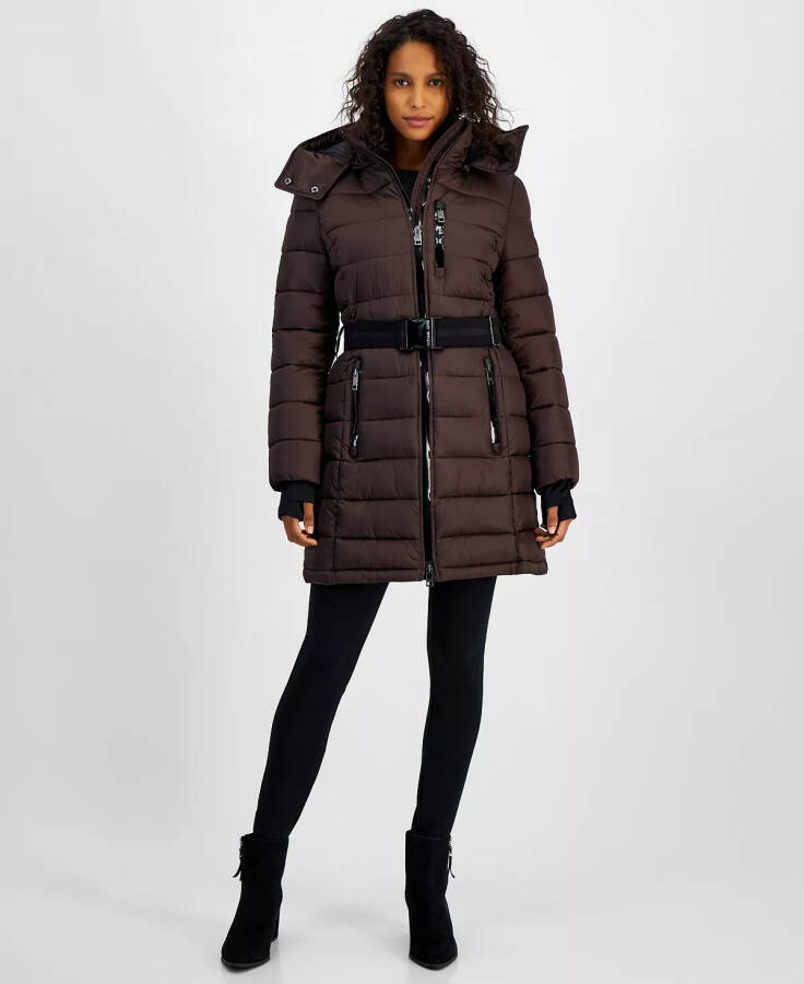 Women's Belted Hooded Puffer Coat, Created for Modazone Chocolate - 1