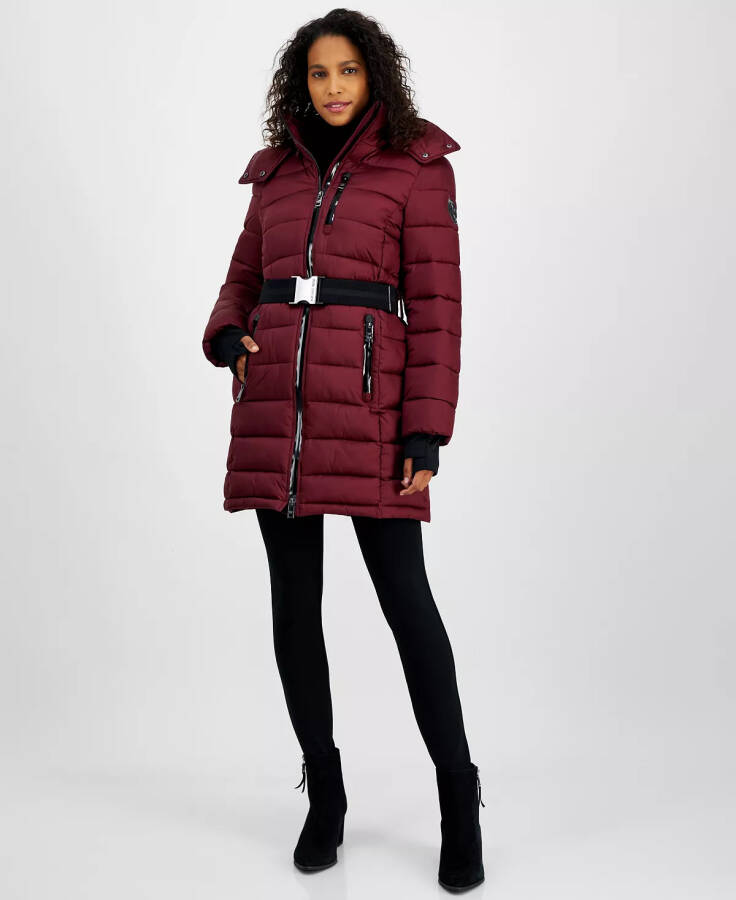 Women's Belted Hooded Puffer Coat, Created for Modazone Dark Brandy - 1