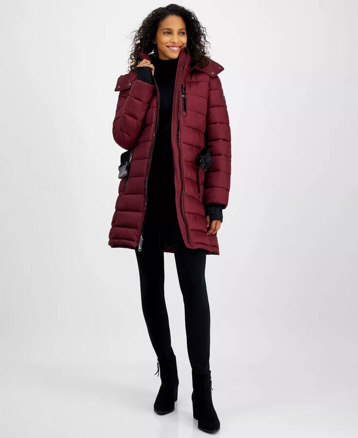 Women's Belted Hooded Puffer Coat, Created for Modazone Dark Brandy - 3