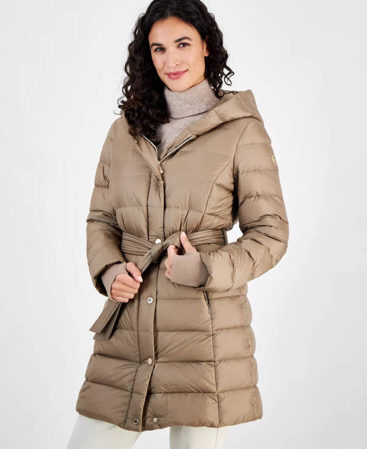 Women's Belted Hooded Puffer Coat, Created for Modazone Taupe - 1