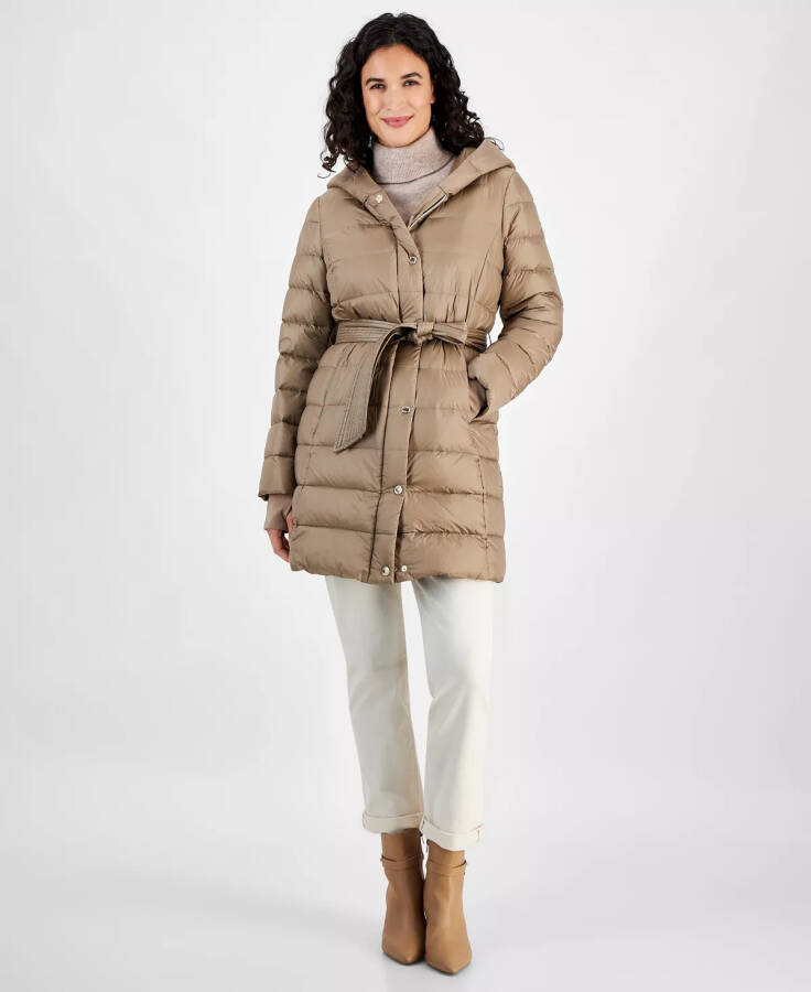 Women's Belted Hooded Puffer Coat, Created for Modazone Taupe - 4