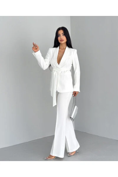 Women's Belted Jacket and Pants Set White - PEMBEKURDELEM