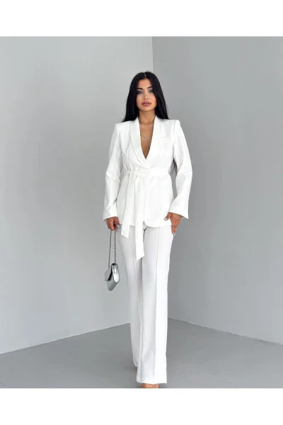 Women's Belted Jacket and Pants Set White - PEMBEKURDELEM (1)