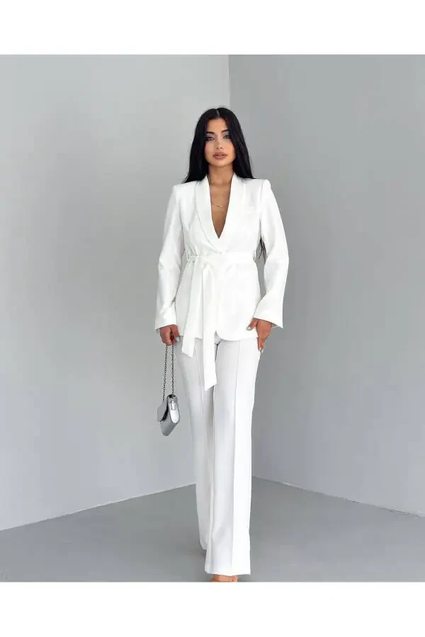 Women's Belted Jacket and Pants Set White - 2