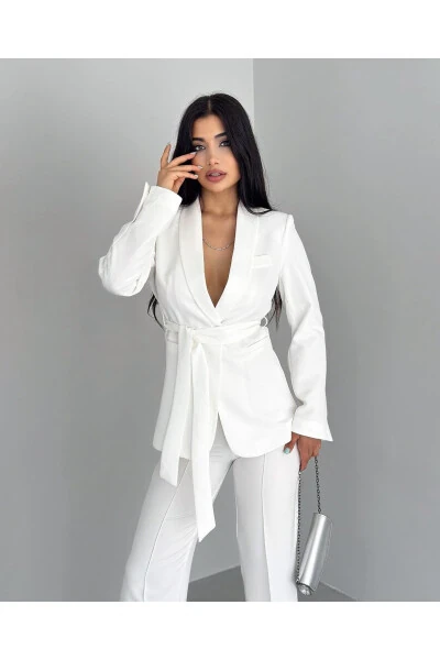 Women's Belted Jacket and Pants Set White - 5