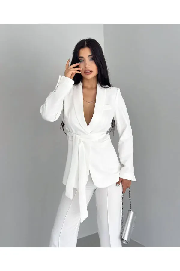 Women's Belted Jacket and Pants Set White - 5
