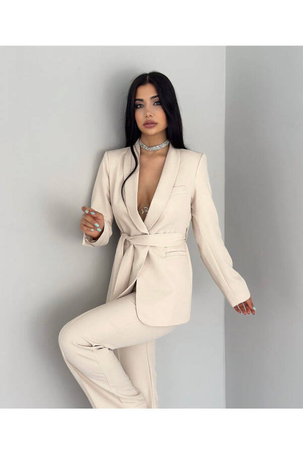 Women's Belted Jacket and Pants Suit Stone - 1