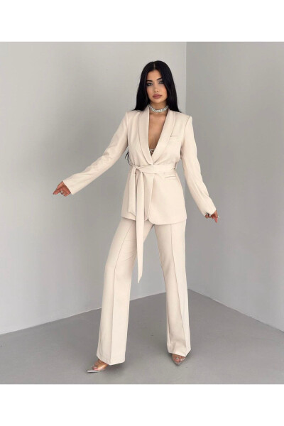 Women's Belted Jacket and Pants Suit Stone - 2