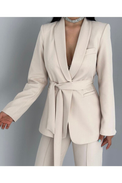 Women's Belted Jacket and Pants Suit Stone - 3