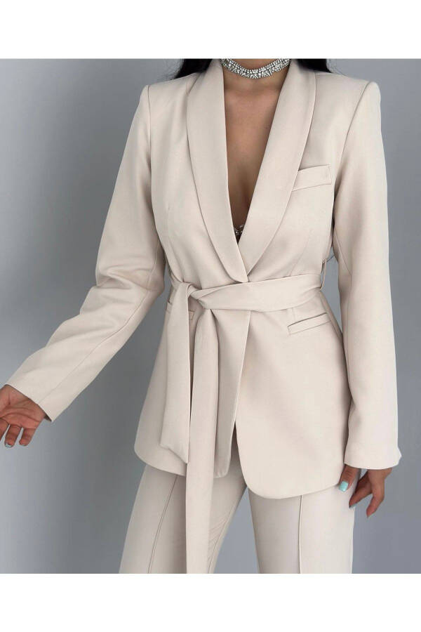 Women's Belted Jacket and Pants Suit Stone - 3