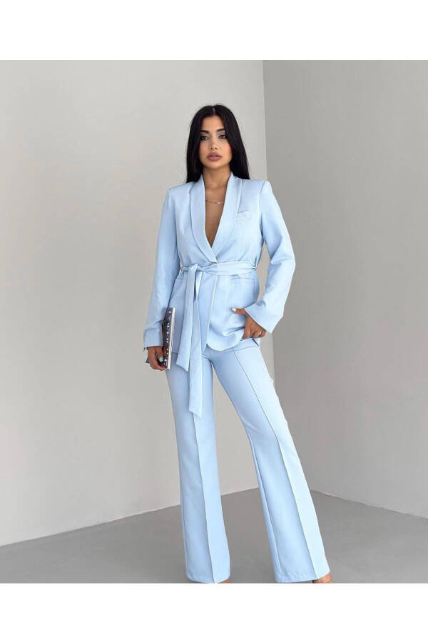 Women's Belted Jacket Pants Suit Baby Blue - 1