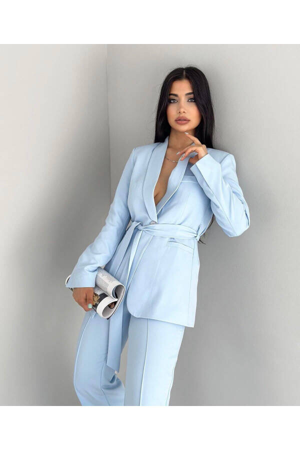 Women's Belted Jacket Pants Suit Baby Blue - 2