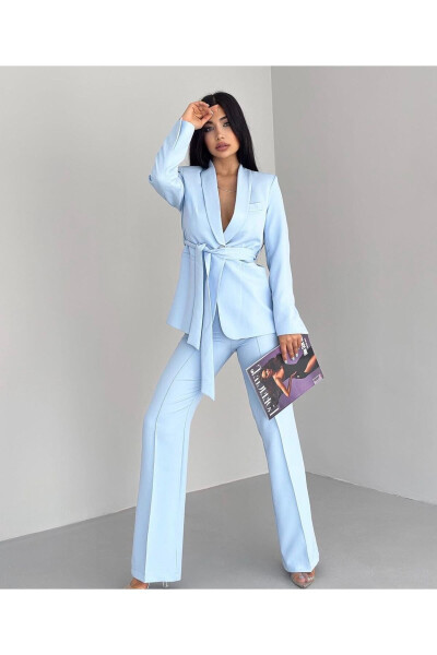 Women's Belted Jacket Pants Suit Baby Blue - 3