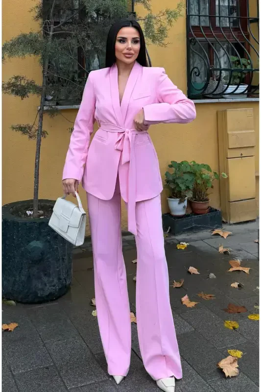 Women's Belted Jacket Pants Suit Candy Pink-Candy Pink - 1