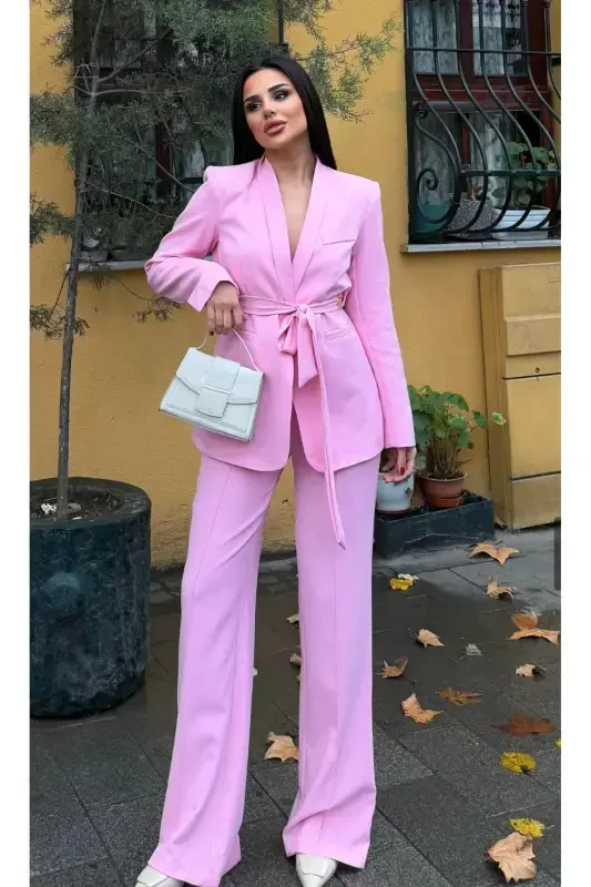Women's Belted Jacket Pants Suit Candy Pink-Candy Pink - 2