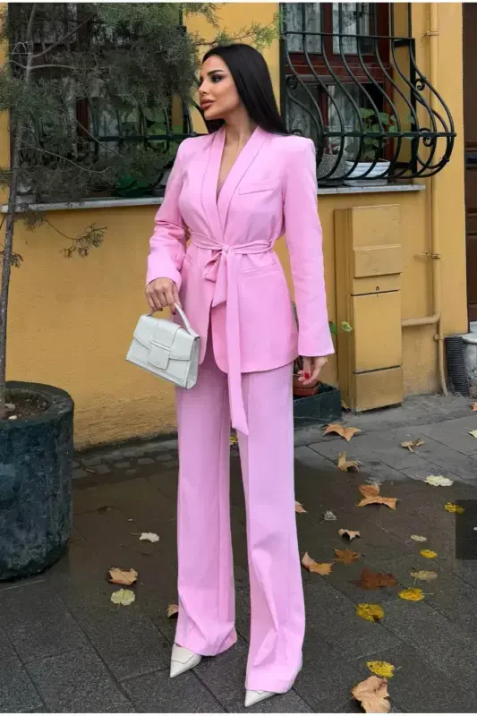 Women's Belted Jacket Pants Suit Candy Pink-Candy Pink - 3