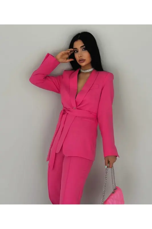 Women's Belted Jacket Pants Suit Fuchsia-Pink - 2
