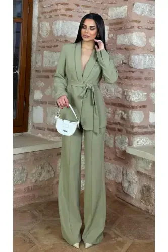 Women's Belted Jacket Pants Suit Khaki-Khaki - 1