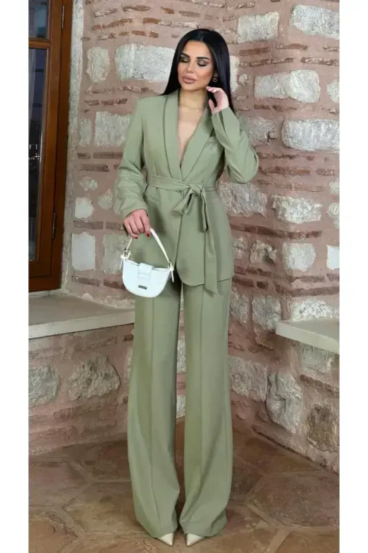 Women's Belted Jacket Pants Suit Khaki-Khaki - 1