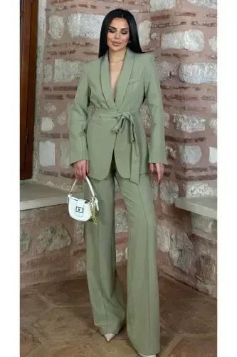 Women's Belted Jacket Pants Suit Khaki-Khaki - PEMBEKURDELEM (1)