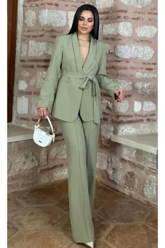 Women's Belted Jacket Pants Suit Khaki-Khaki - 3