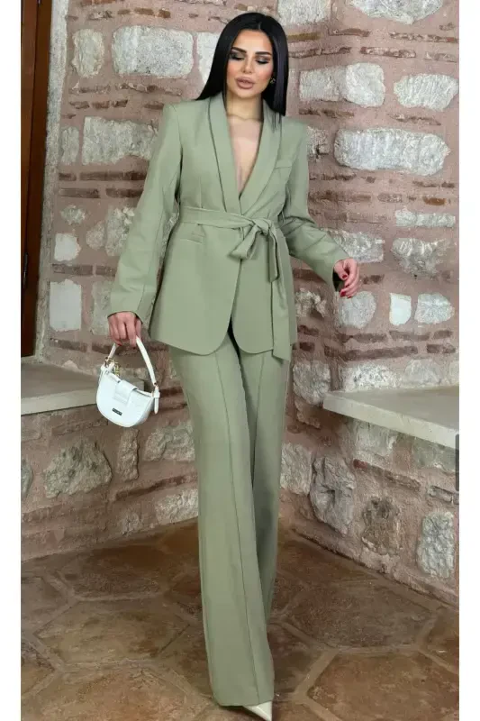 Women's Belted Jacket Pants Suit Khaki-Khaki - 3