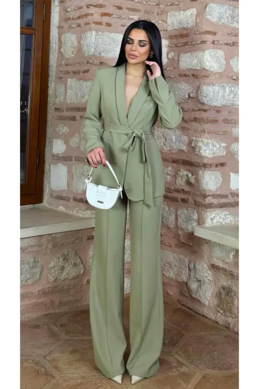 Women's Belted Jacket Pants Suit Khaki-Khaki - 2